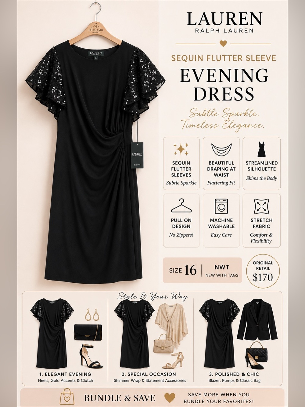 NWT Ralph Lauren Elegant Evening Black Dress Sequin Flutter Sleeves Size 16